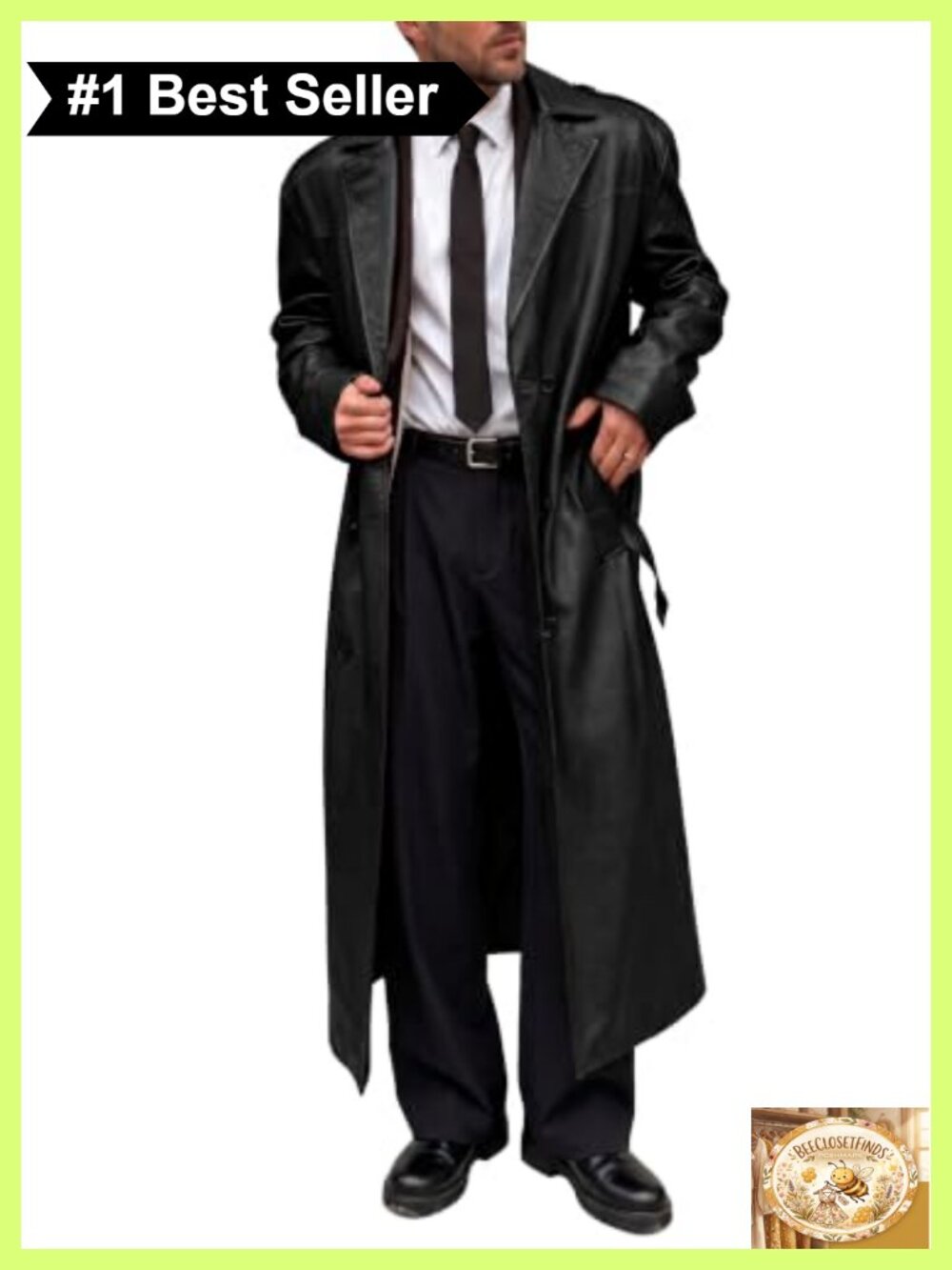 Mens Faux Leather Trench Coat Double Breasted Notch Lapel Long Overcoat